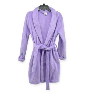 Sol Sleep Girl’s Purple Plush Fleece Open Front Belted Long Sleeve Robe Size 6